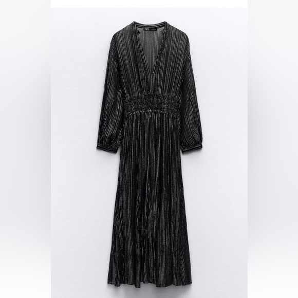 Zara Metallic Stripe Dress Black Silver Notch Collar Beaded Trim - Picture 1 of 11